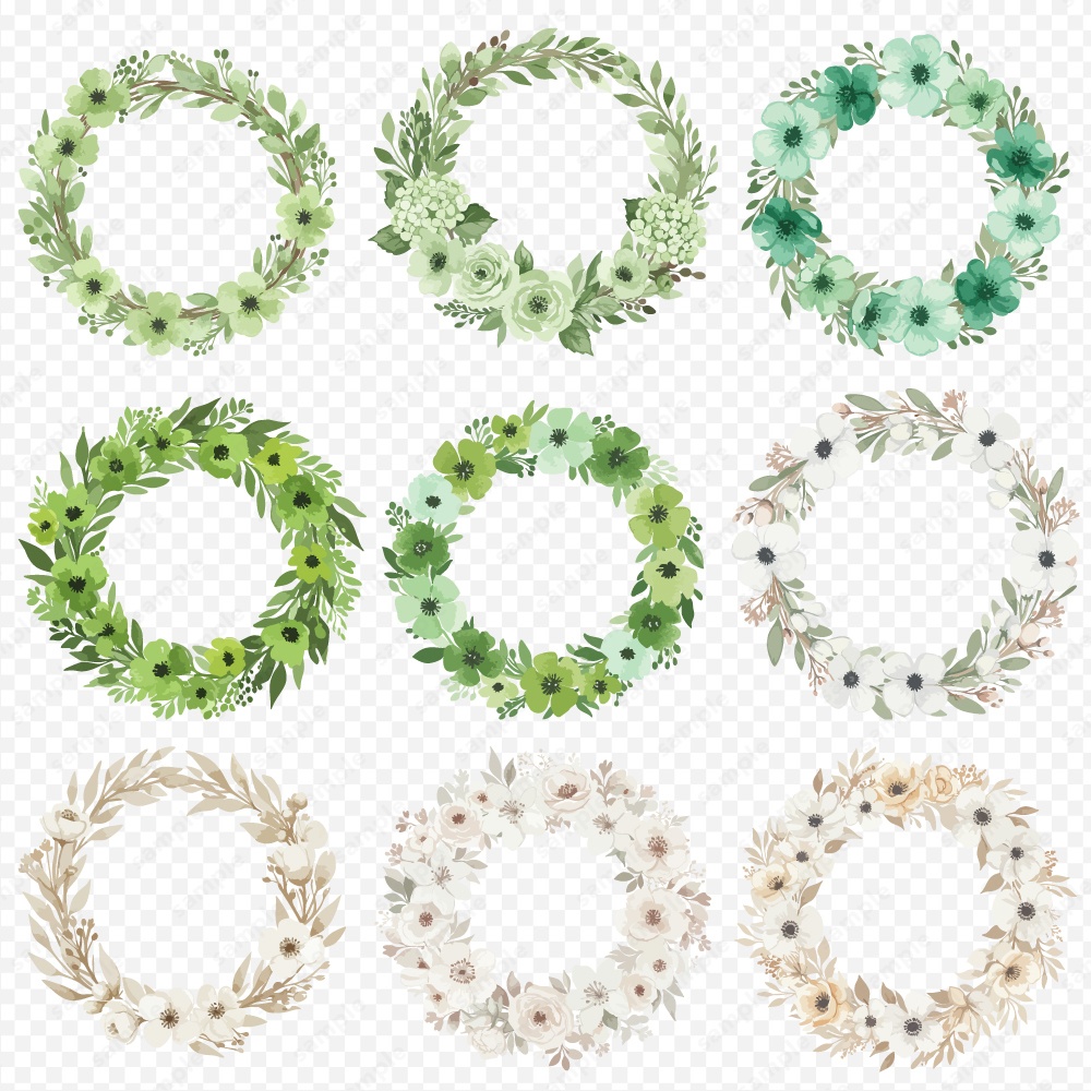 【透過素材】カラフルな水彩風フラワーリース / 花のPNG素材60点セット