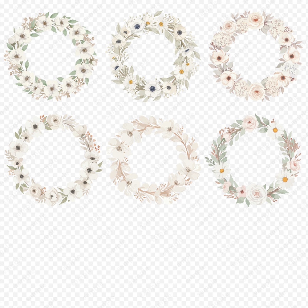 【透過素材】カラフルな水彩風フラワーリース / 花のPNG素材60点セット
