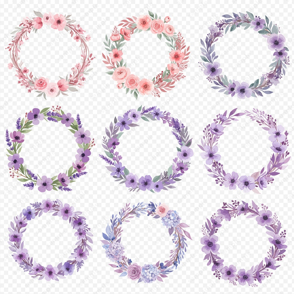 【透過素材】カラフルな水彩風フラワーリース / 花のPNG素材60点セット