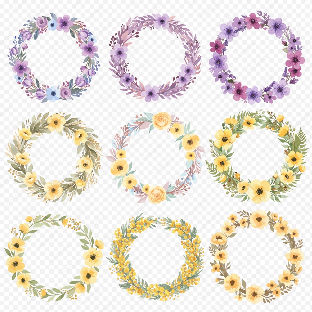 【透過素材】カラフルな水彩風フラワーリース / 花のPNG素材60点セット