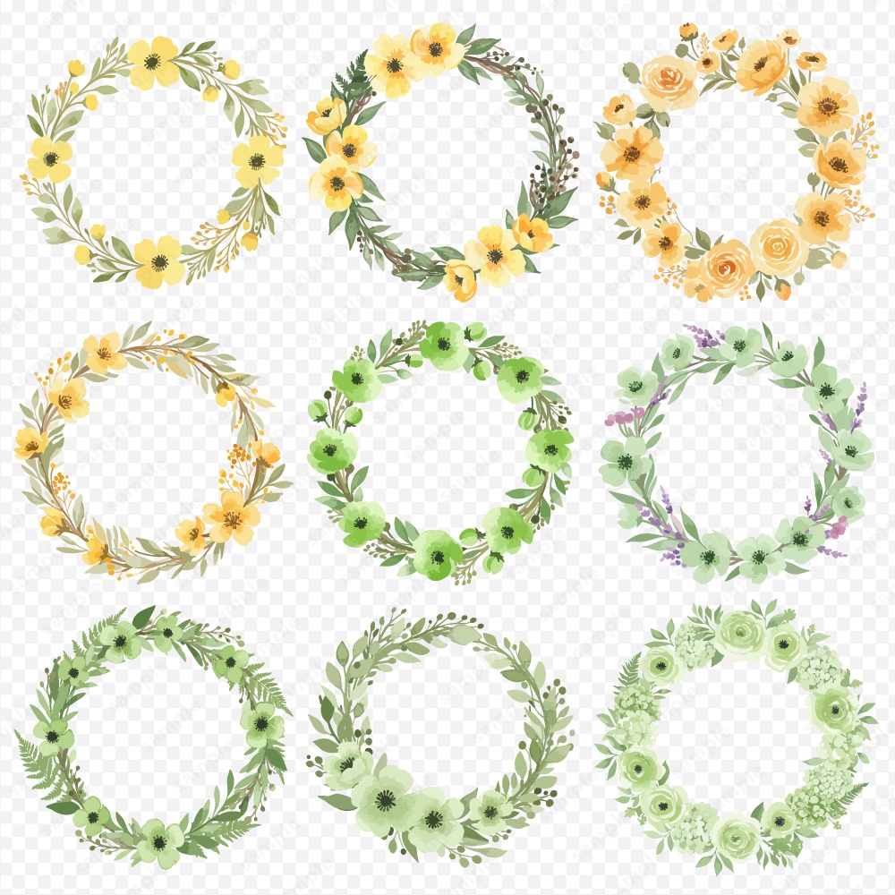 【透過素材】カラフルな水彩風フラワーリース / 花のPNG素材60点セット