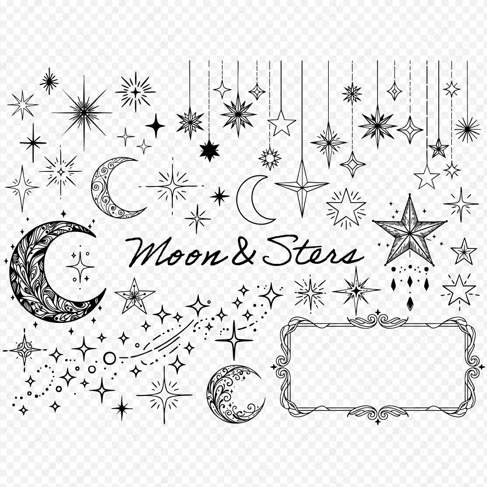 月と星の幻想的なデザインあしらいイラスト / 4色セット