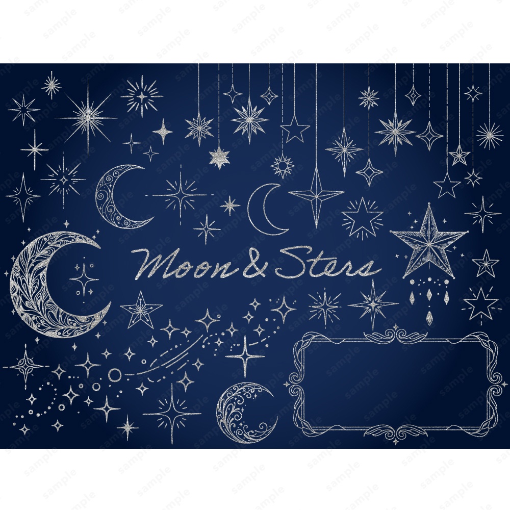 月と星の幻想的なデザインあしらいイラスト / 4色セット