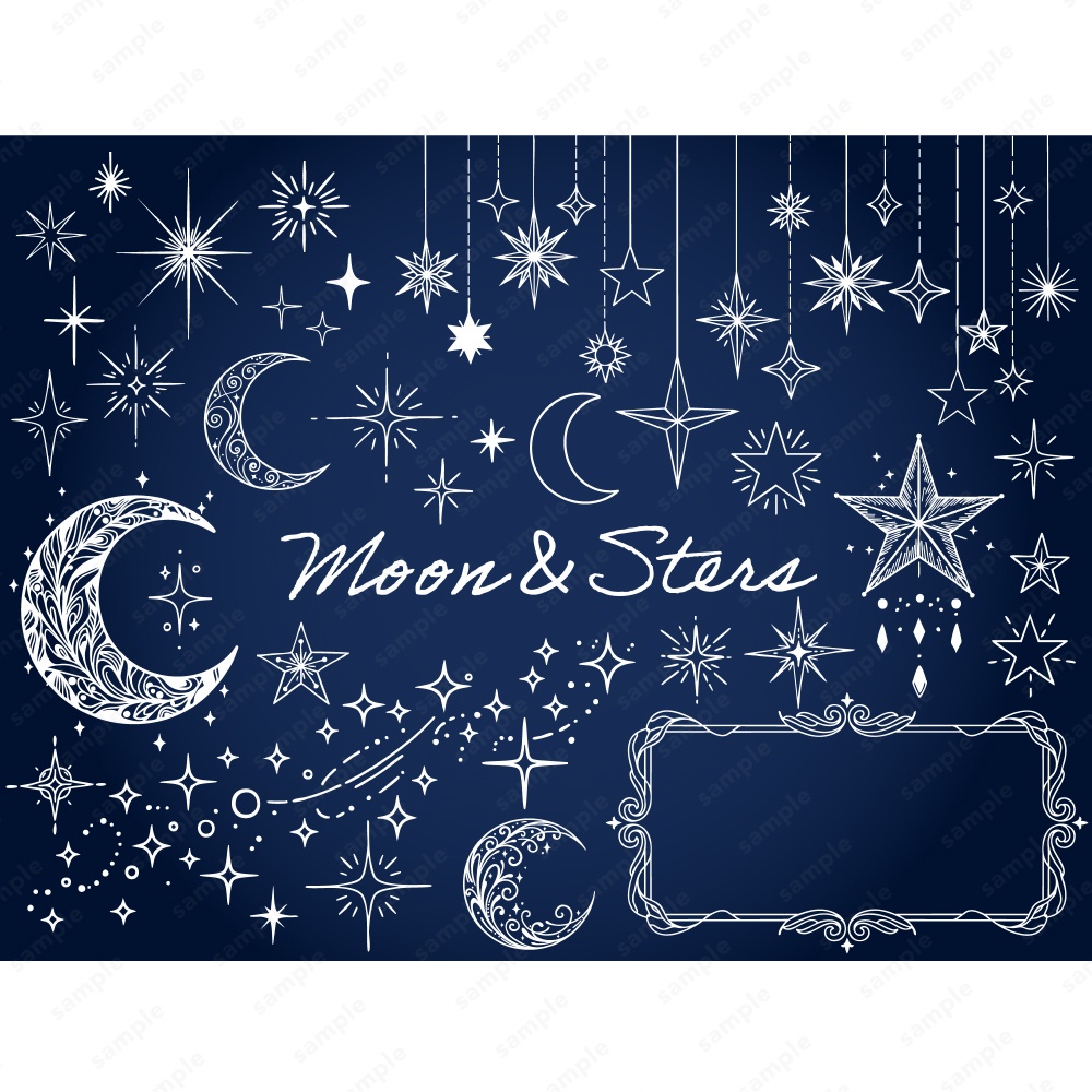 月と星の幻想的なデザインあしらいイラスト / 4色セット