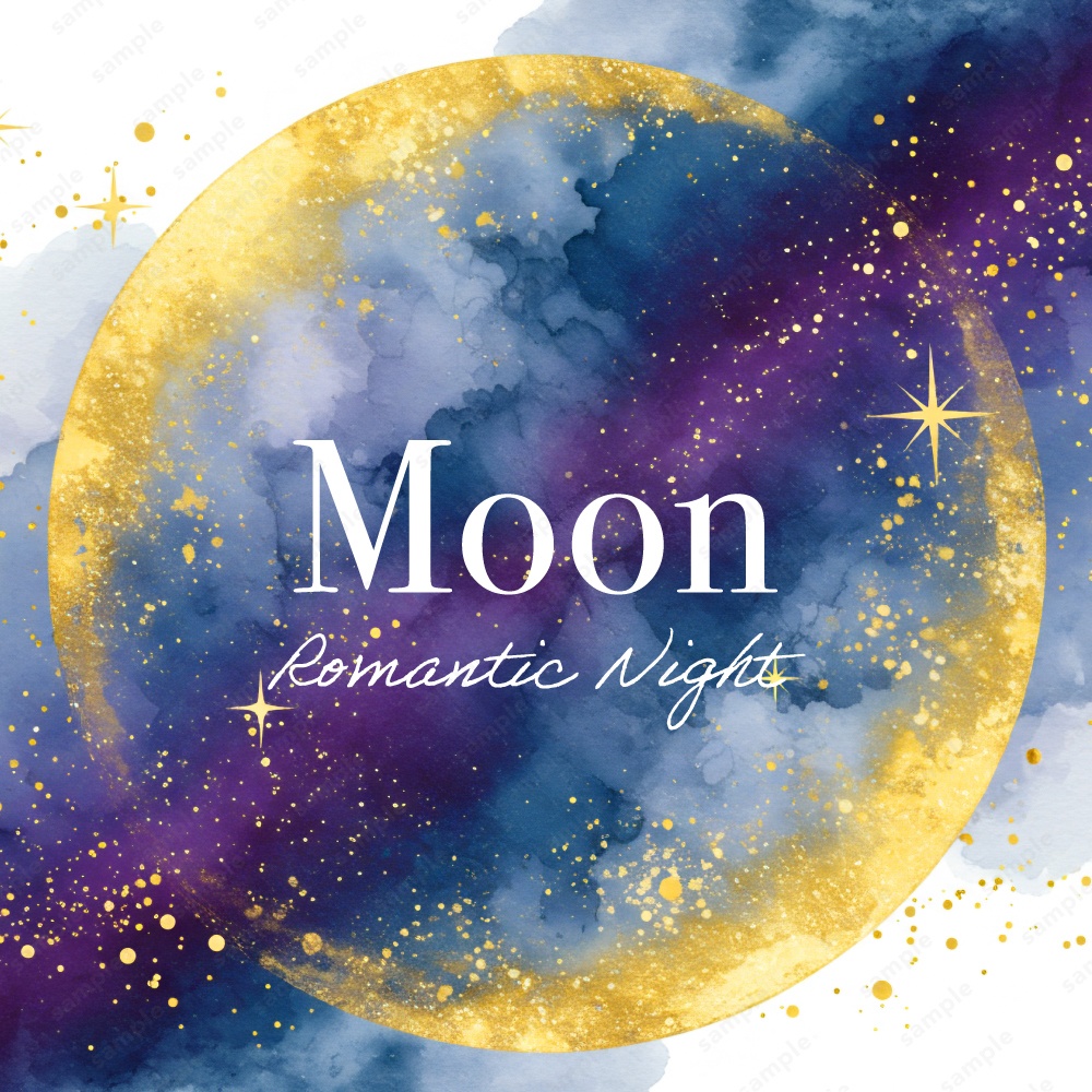 【背景素材】キラキラ幻想的な三日月と満月の水彩イラスト50枚セット
