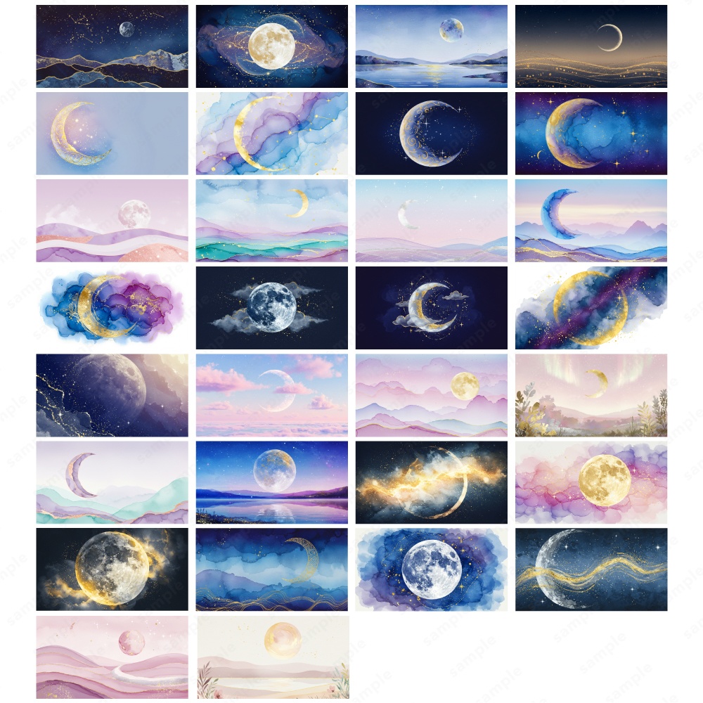 【背景素材】キラキラ幻想的な三日月と満月の水彩イラスト50枚セット
