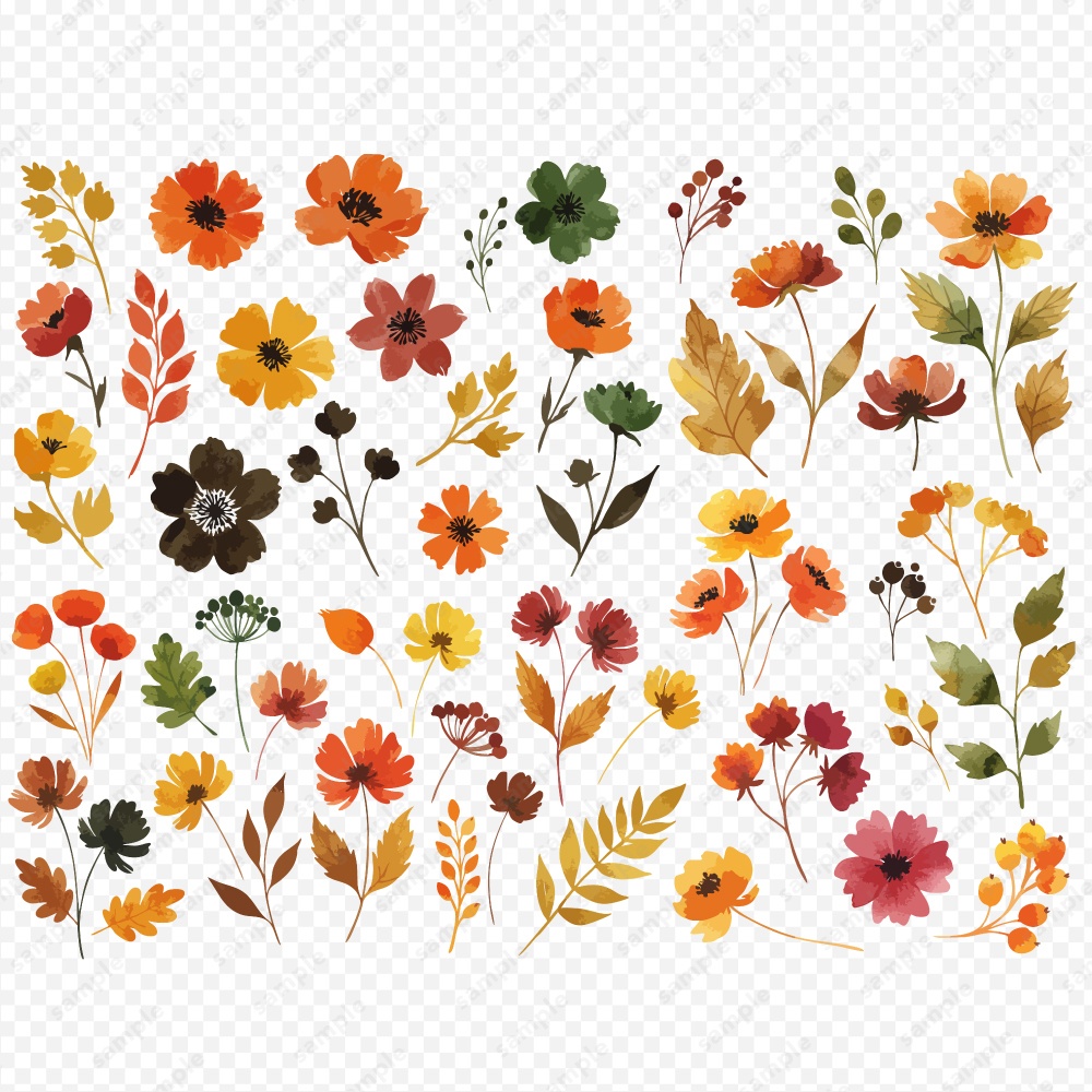 【透過素材】秋の季節の草花の水彩イラスト素材 / 約150パターン