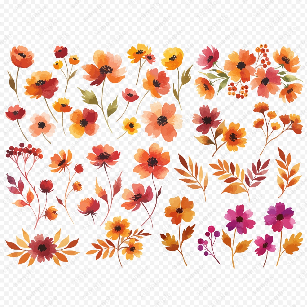 【透過素材】秋の季節の草花の水彩イラスト素材 / 約150パターン