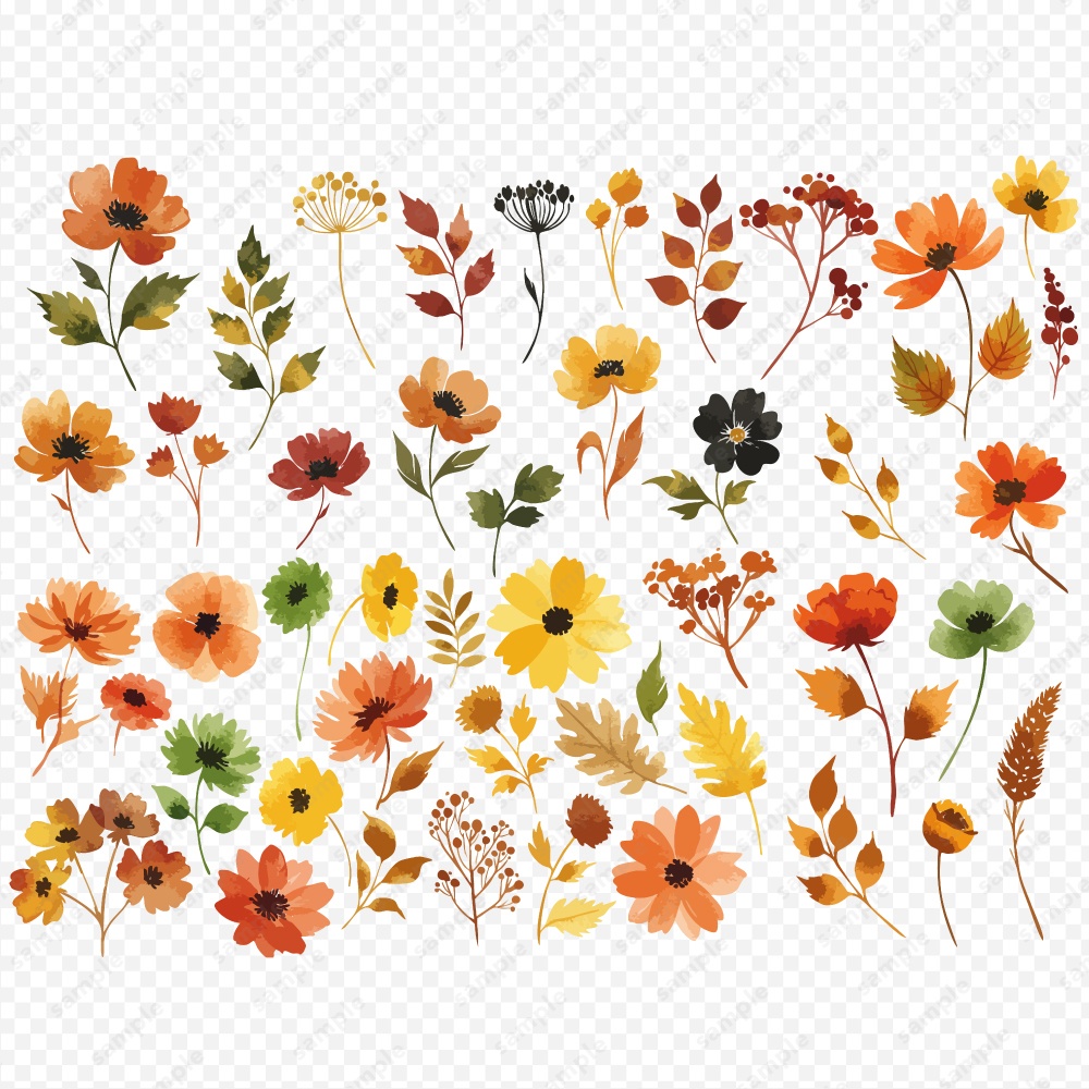 【透過素材】秋の季節の草花の水彩イラスト素材 / 約150パターン