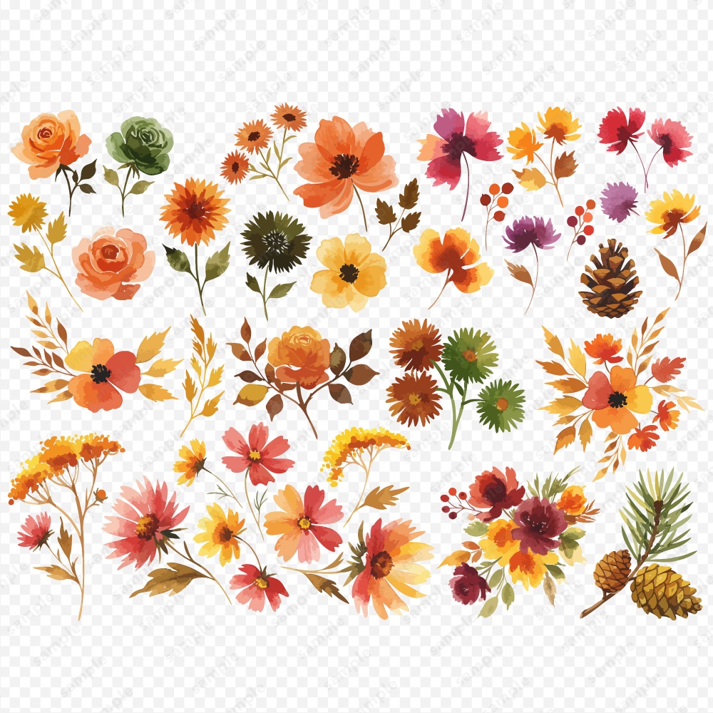 【透過素材】秋の季節の草花の水彩イラスト素材 / 約150パターン