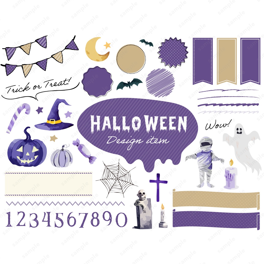 ハロウィンのデザインフレームイラストセット パープル / ベージュ
