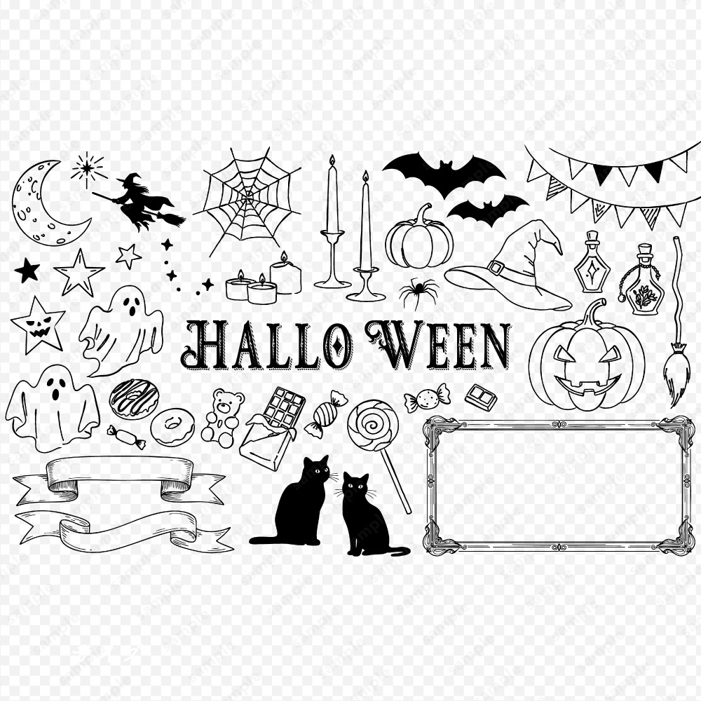 ハロウィンのおしゃれな線画イラストセット
