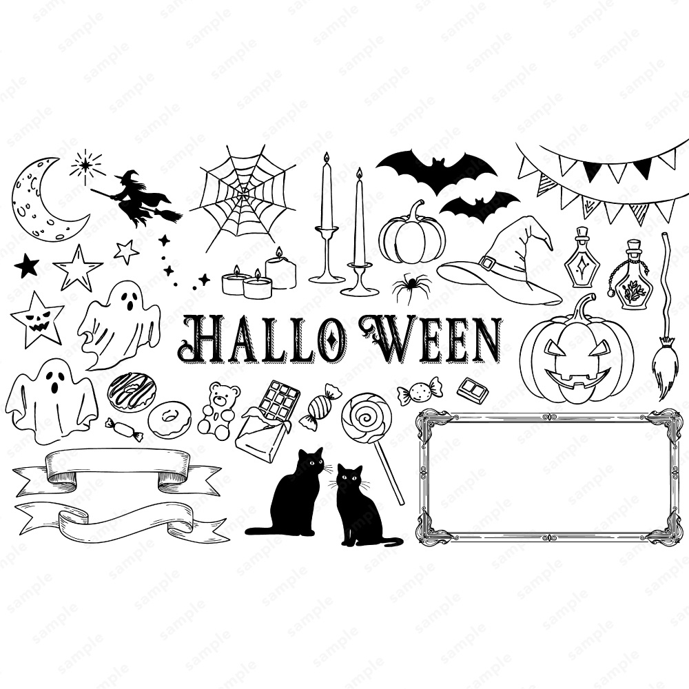 ハロウィンのおしゃれな線画イラストセット