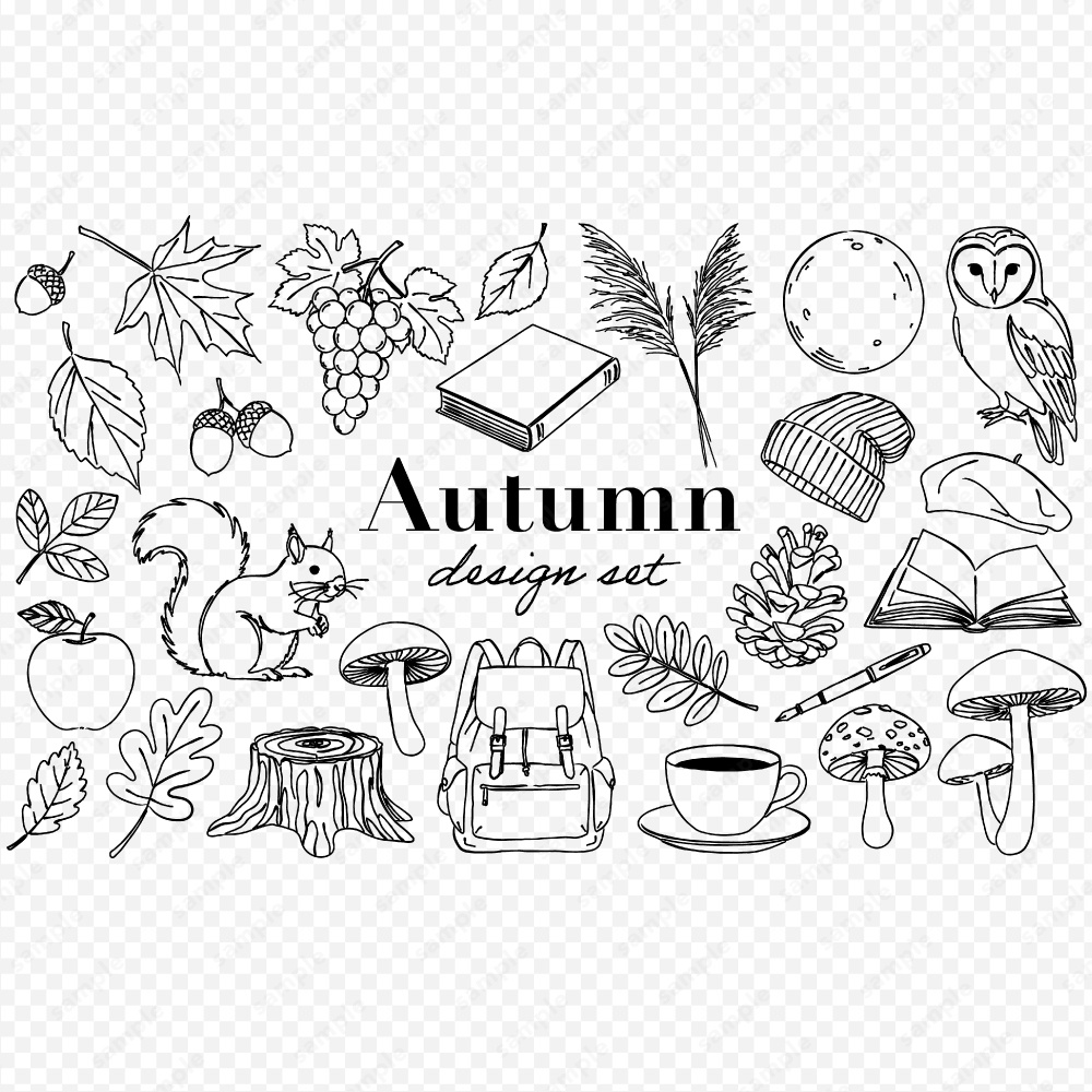 秋のイメージのおしゃれな線画イラストセット