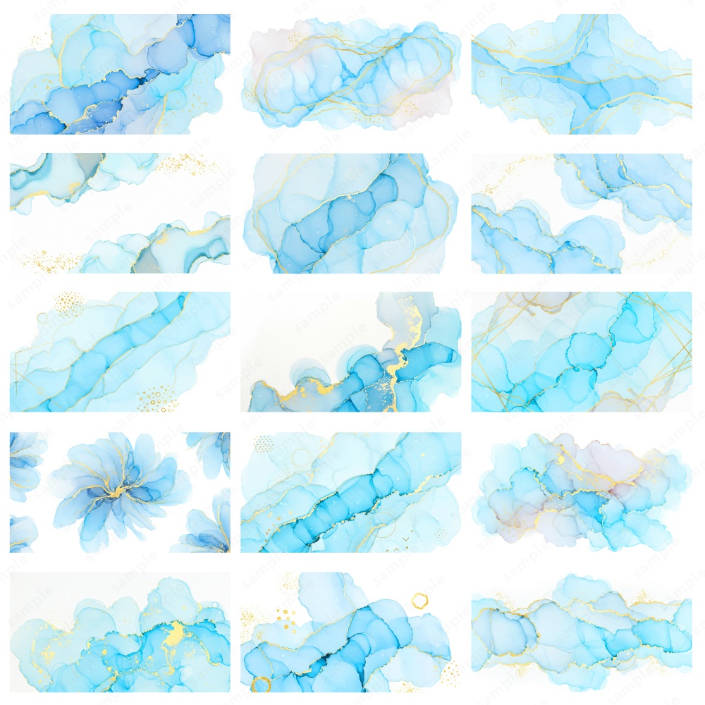 【背景素材】ブルーのアルコールインクとゴールドのテクスチャ50枚セット