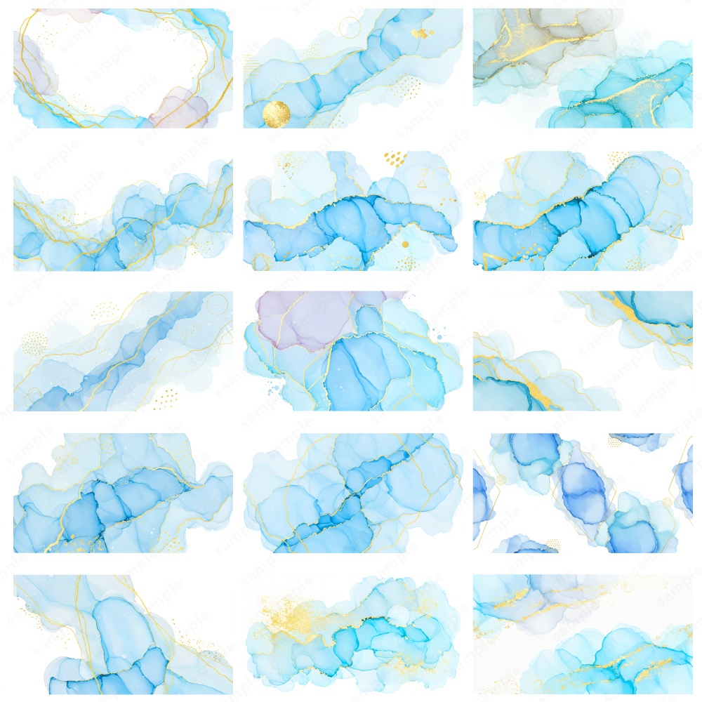 【背景素材】ブルーのアルコールインクとゴールドのテクスチャ50枚セット