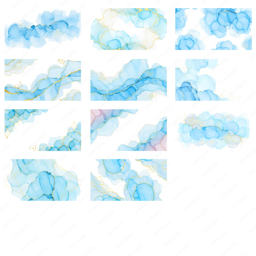 【背景素材】ブルーのアルコールインクとゴールドのテクスチャ50枚セット
