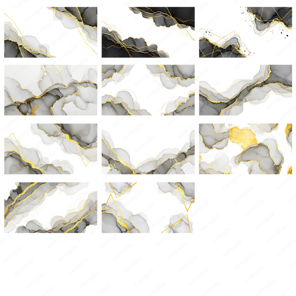 【背景素材】ブラックのアルコールインクとゴールドのテクスチャ50枚セット