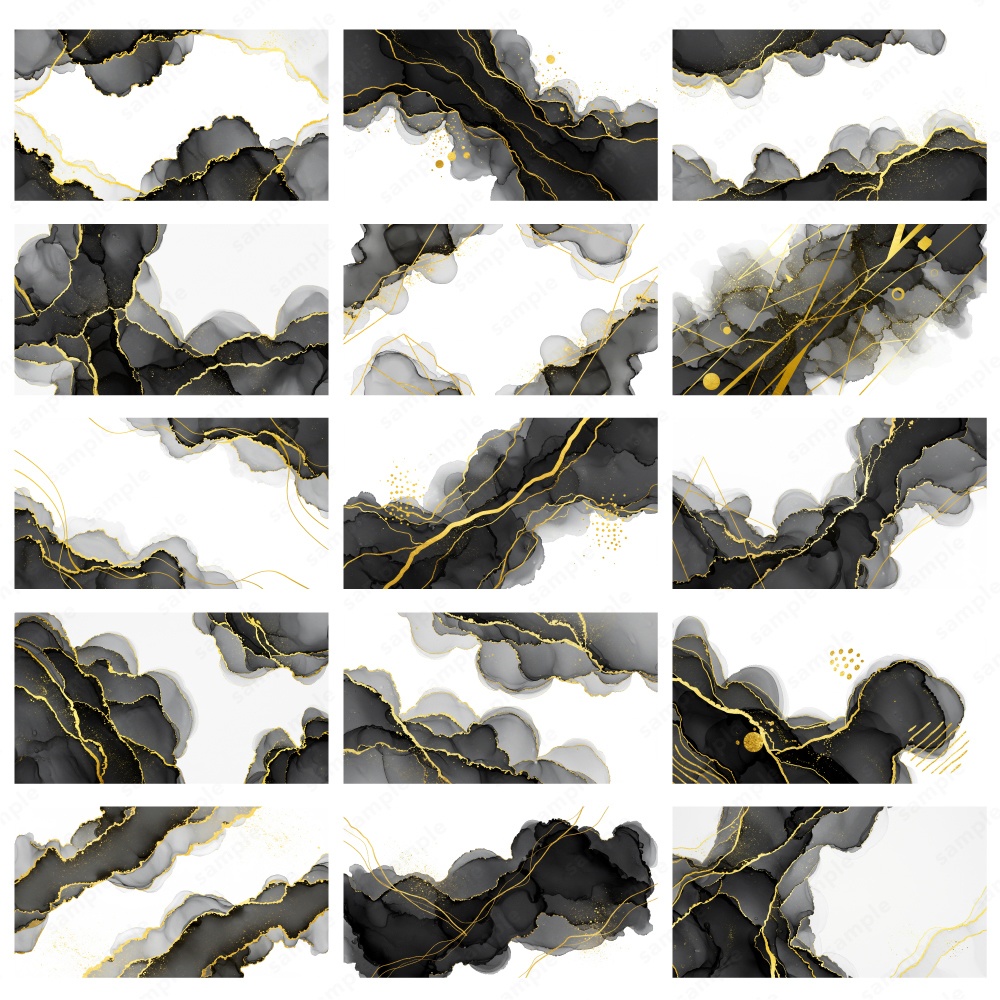 【背景素材】ブラックのアルコールインクとゴールドのテクスチャ50枚セット