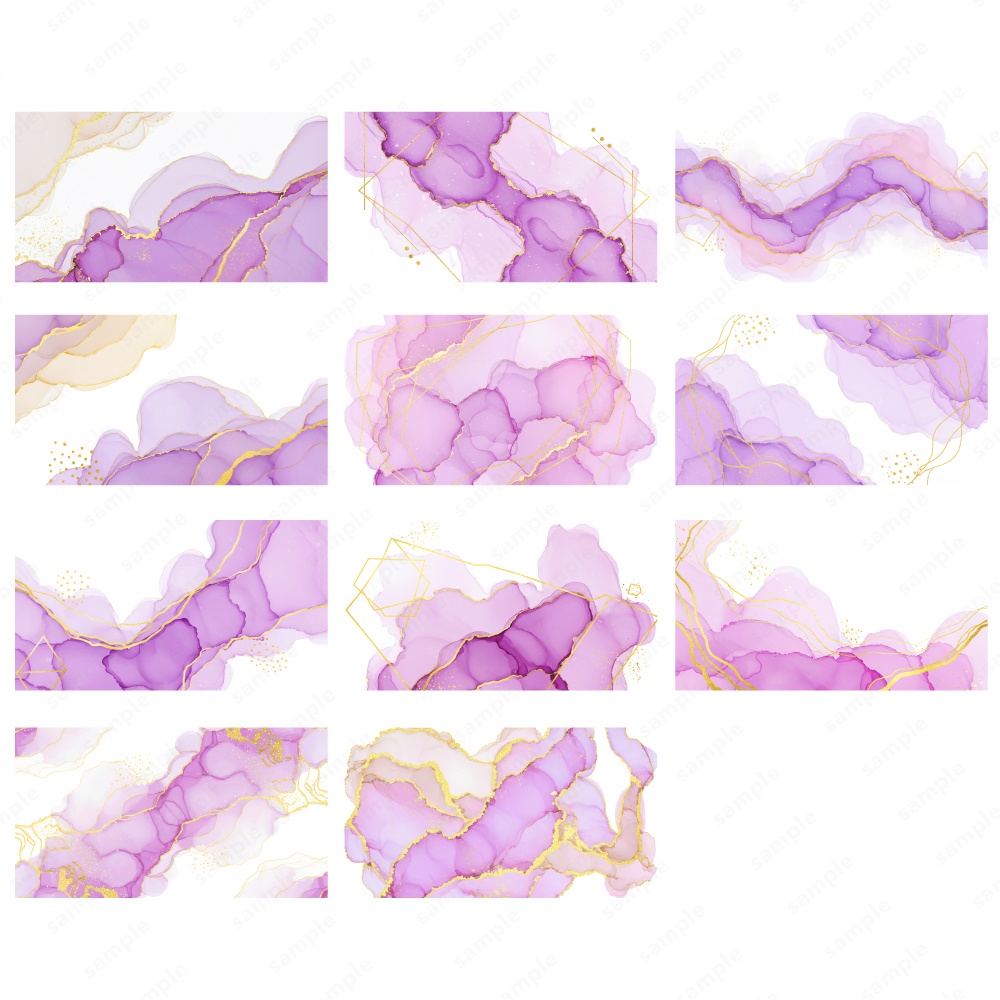 【背景素材】パープルのアルコールインクとゴールドのテクスチャ50枚セット