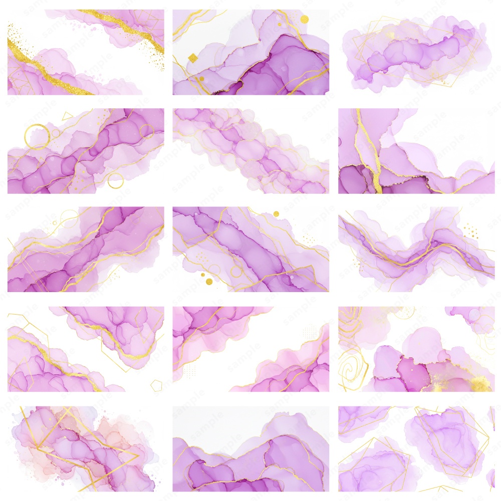 【背景素材】パープルのアルコールインクとゴールドのテクスチャ50枚セット