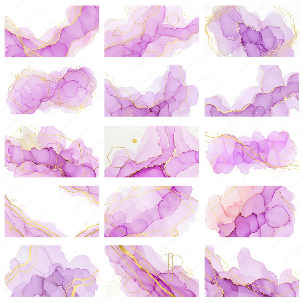 【背景素材】パープルのアルコールインクとゴールドのテクスチャ50枚セット