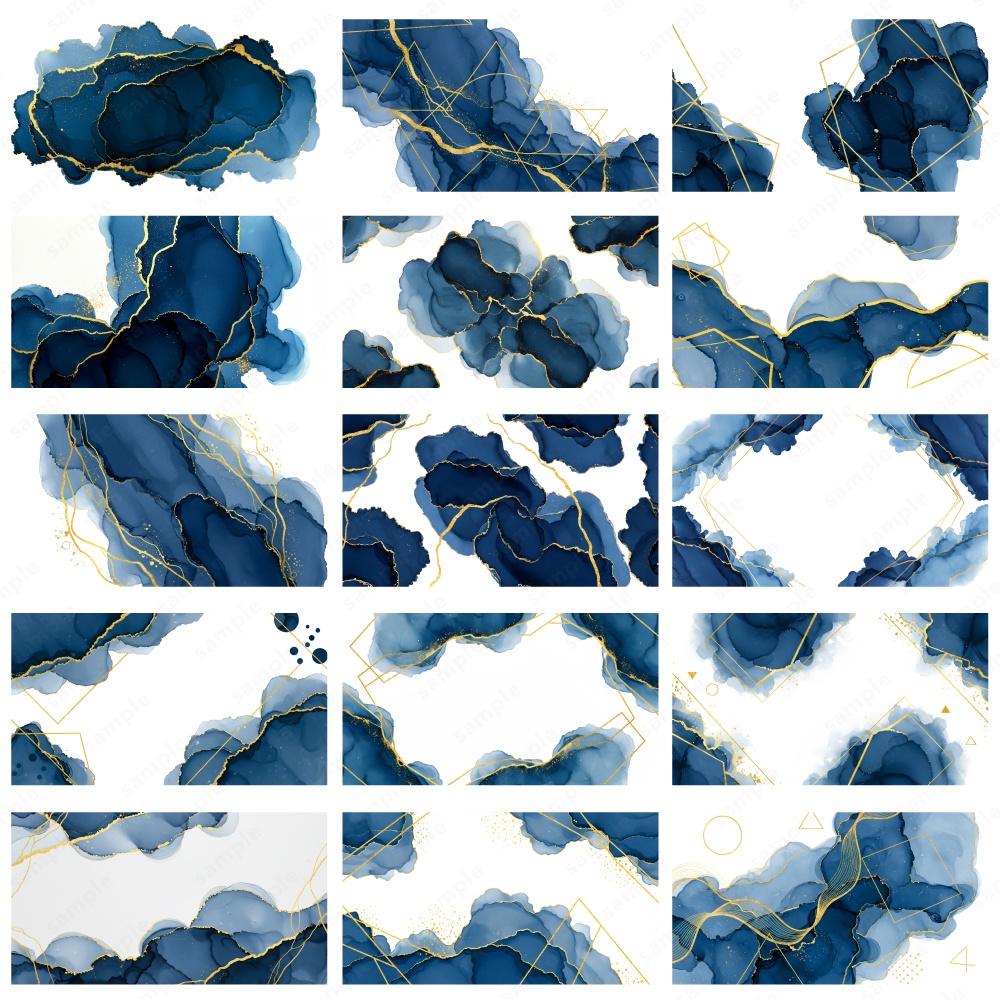 【背景素材】ディープブルーのアルコールインクとゴールドのテクスチャ50枚セット
