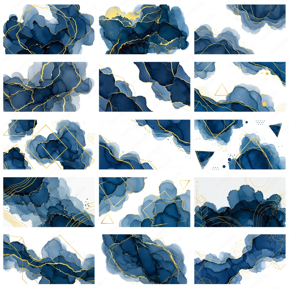 【背景素材】ディープブルーのアルコールインクとゴールドのテクスチャ50枚セット