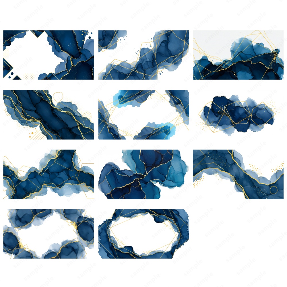 【背景素材】ディープブルーのアルコールインクとゴールドのテクスチャ50枚セット