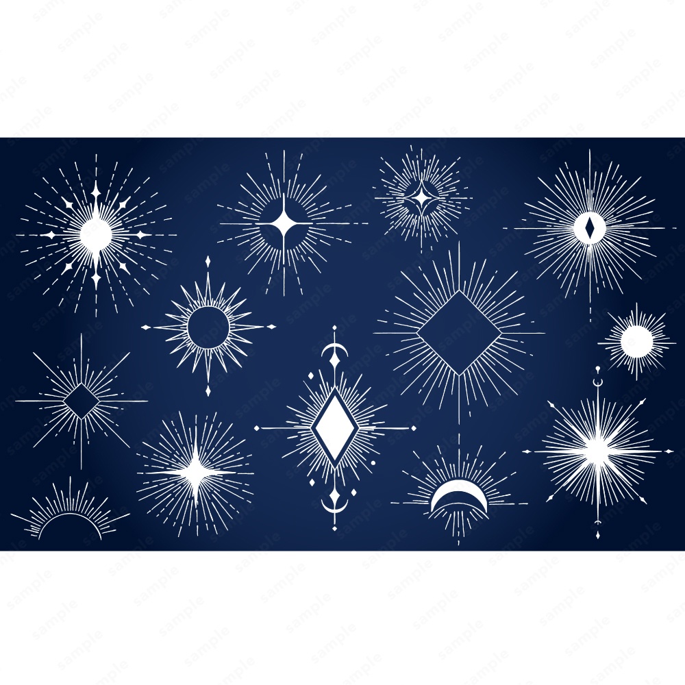 神秘的なサンバーストのおしゃれなラインアート100パターン / 4色セット