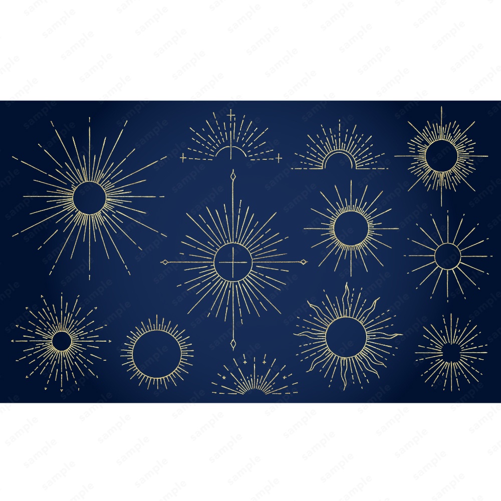 神秘的なサンバーストのおしゃれなラインアート100パターン / 4色セット