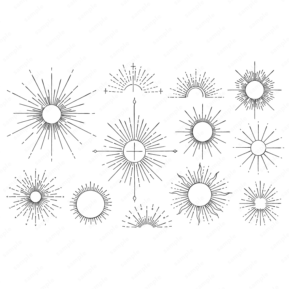 神秘的なサンバーストのおしゃれなラインアート100パターン / 4色セット