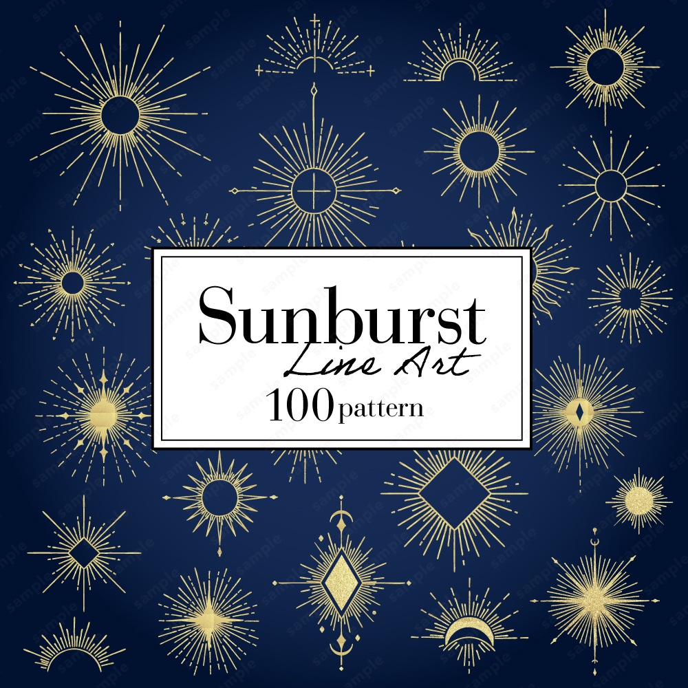 神秘的なサンバーストのおしゃれなラインアート100パターン / 4色セット
