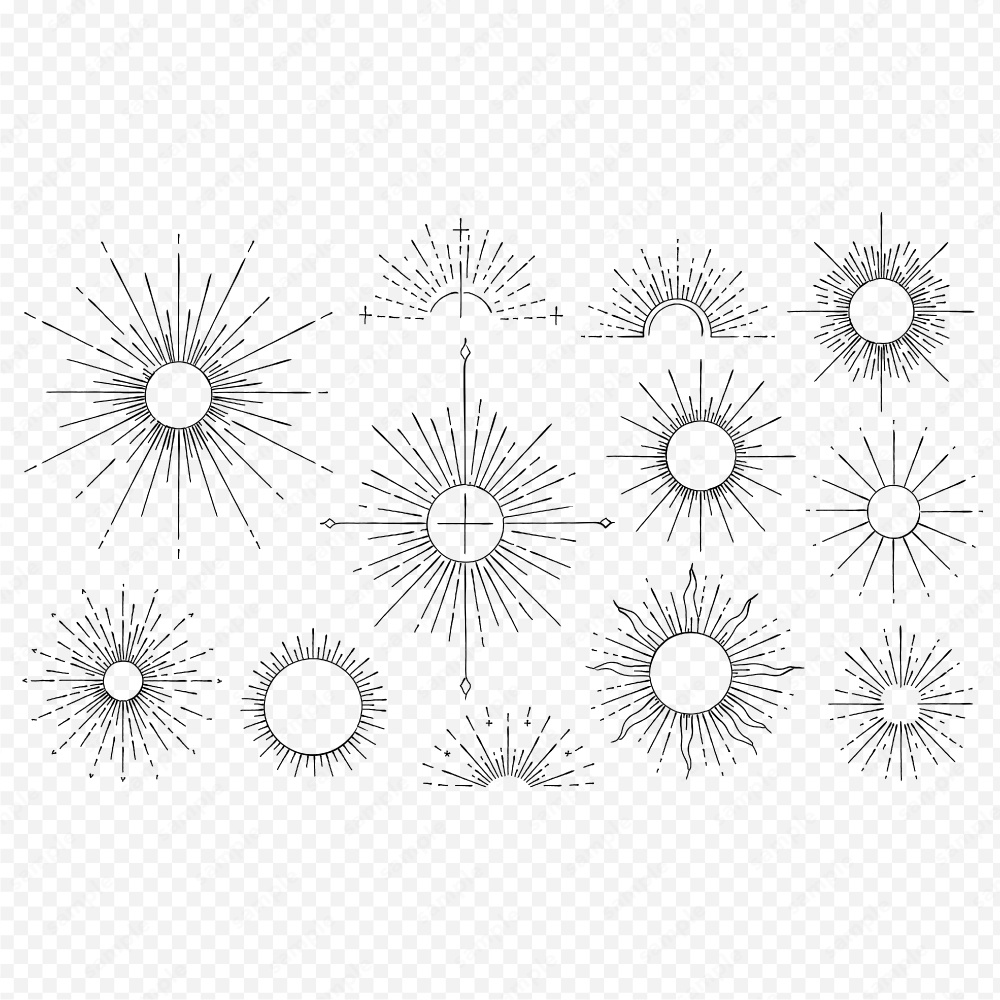 神秘的なサンバーストのおしゃれなラインアート100パターン / 4色セット