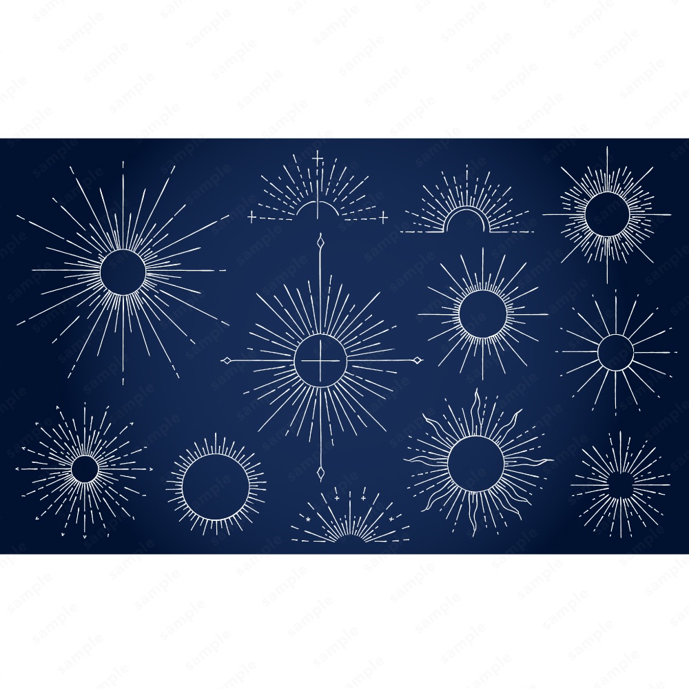 神秘的なサンバーストのおしゃれなラインアート100パターン / 4色セット