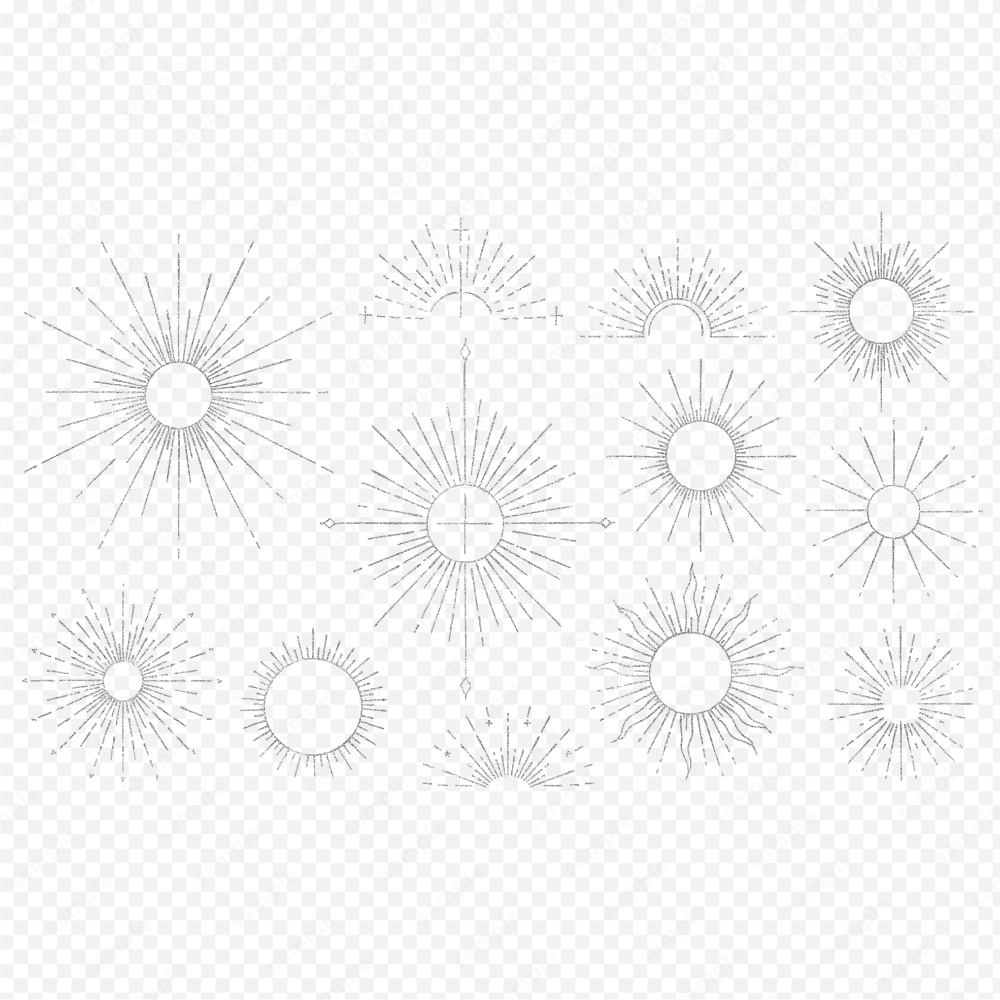 神秘的なサンバーストのおしゃれなラインアート100パターン / 4色セット