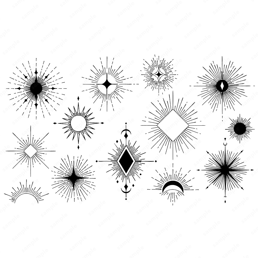 神秘的なサンバーストのおしゃれなラインアート100パターン / 4色セット