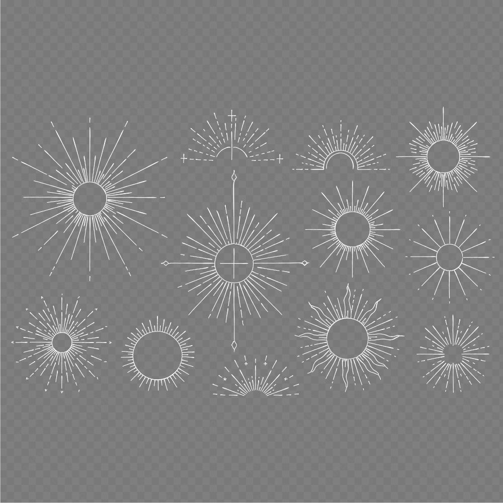 神秘的なサンバーストのおしゃれなラインアート100パターン / 4色セット
