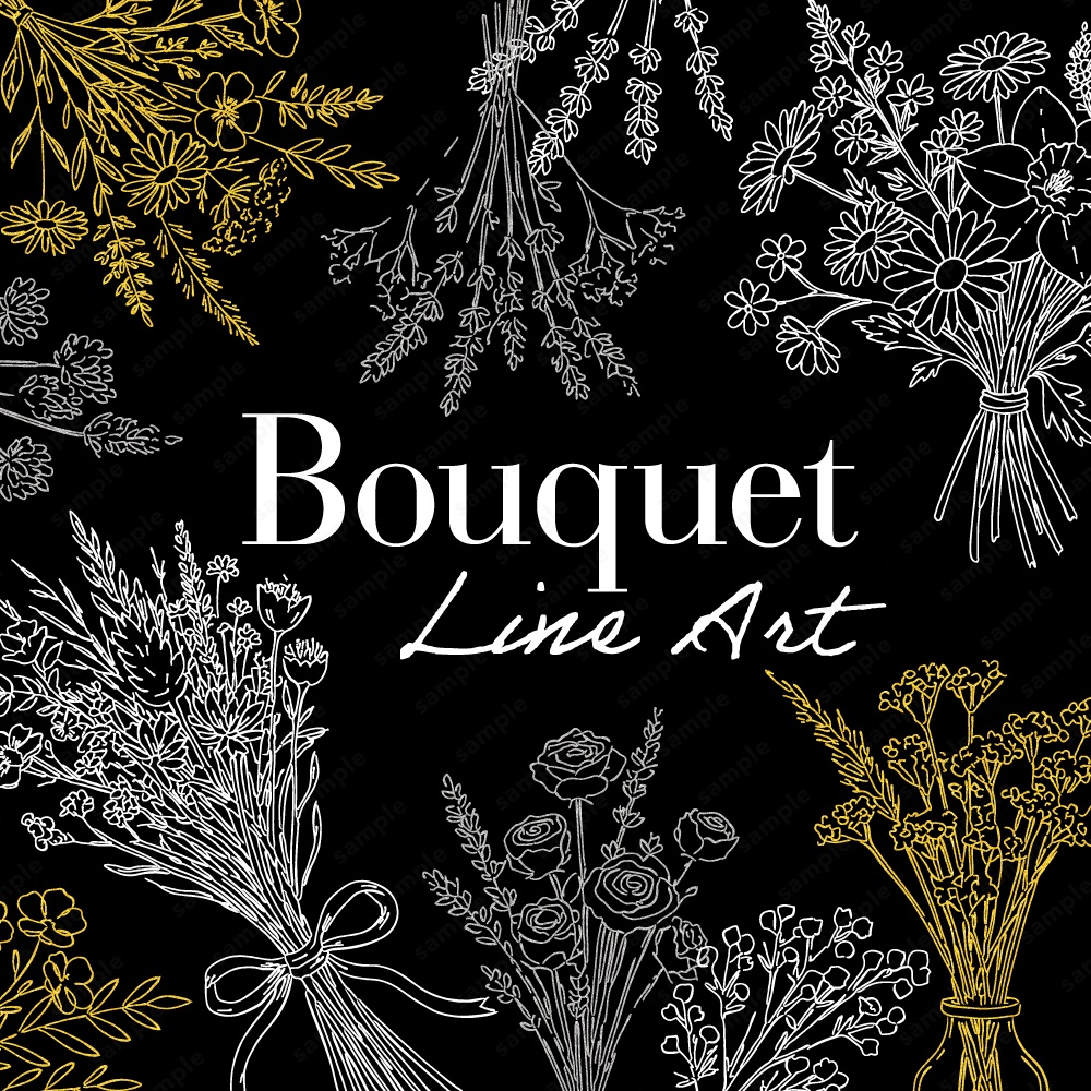 【透過素材】ボタニカルなブーケのラインアート素材104パターン