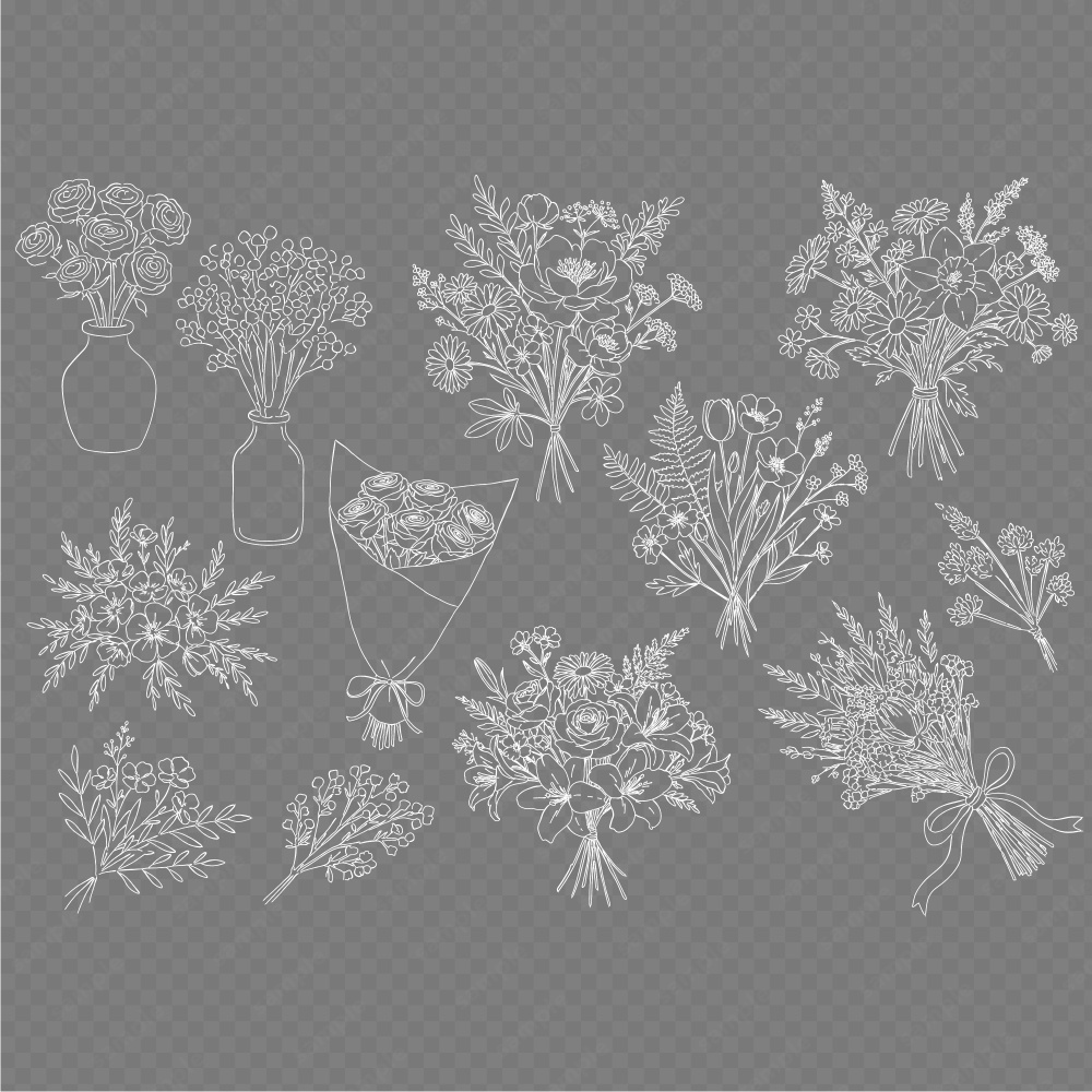 【透過素材】ボタニカルなブーケのラインアート素材104パターン