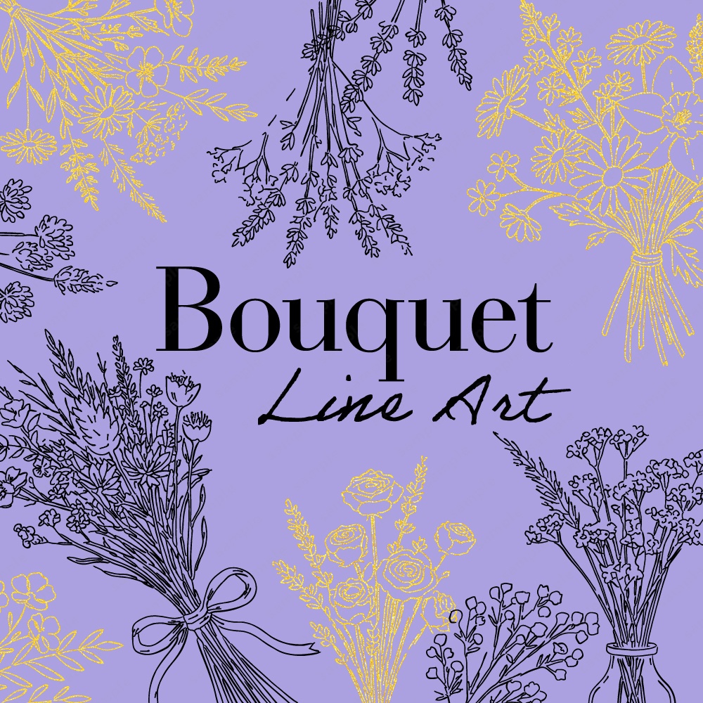 【透過素材】ボタニカルなブーケのラインアート素材104パターン