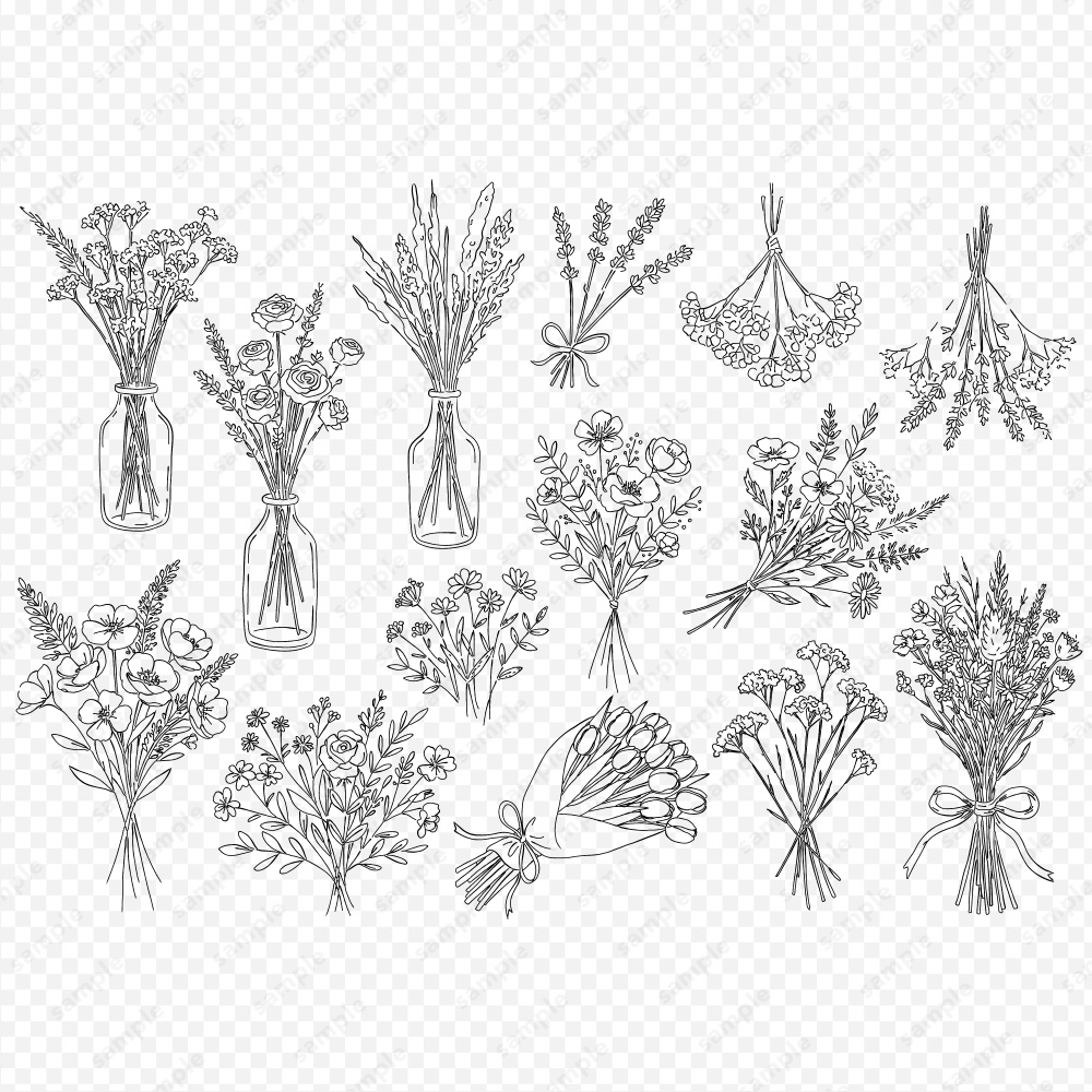 【透過素材】ボタニカルなブーケのラインアート素材104パターン