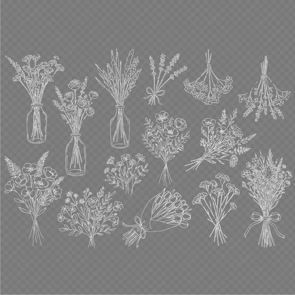 【透過素材】ボタニカルなブーケのラインアート素材104パターン