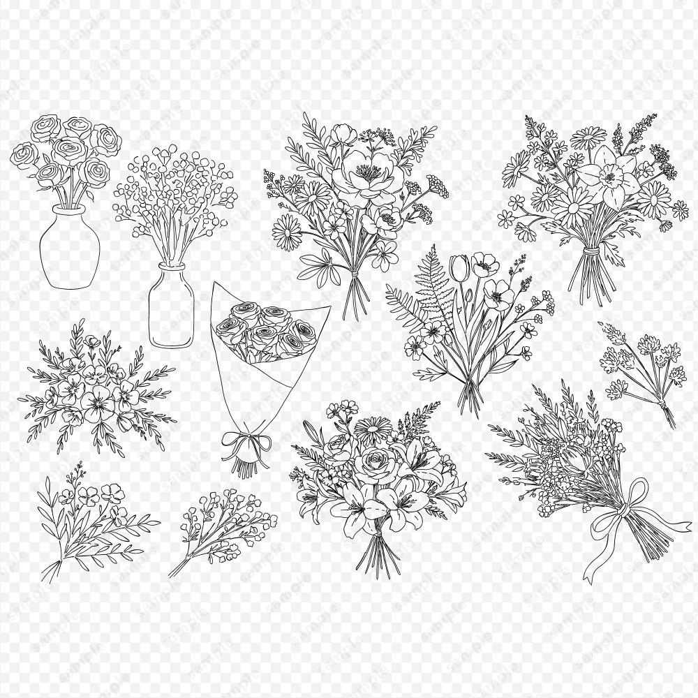 【透過素材】ボタニカルなブーケのラインアート素材104パターン