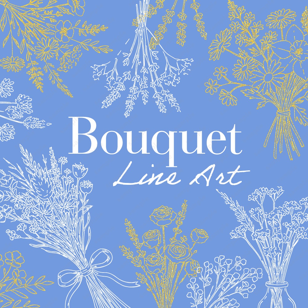 【透過素材】ボタニカルなブーケのラインアート素材104パターン