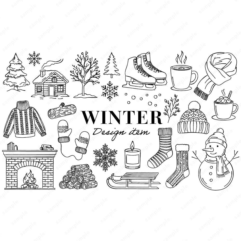 冬のイメージのおしゃれな線画イラスト / 4色セット