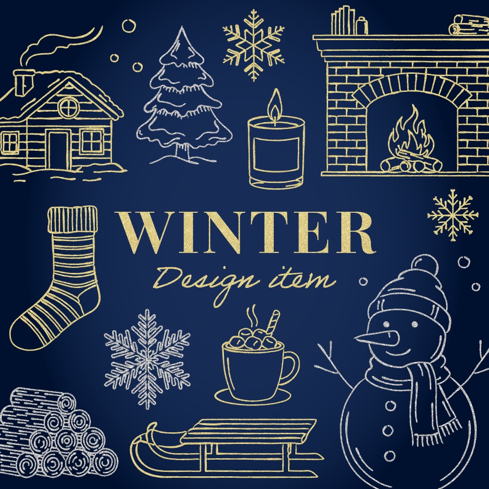 冬のイメージのおしゃれな線画イラスト / 4色セット