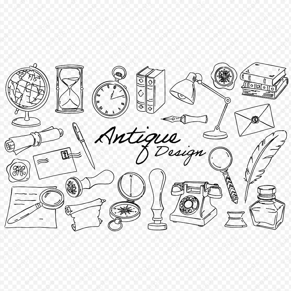 アンティークアイテムのおしゃれな線画イラストセット