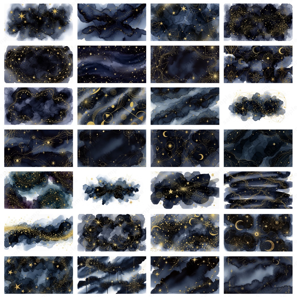 【背景素材】ダークカラーと幻想的なキラキラの水彩テクスチャ100枚セット