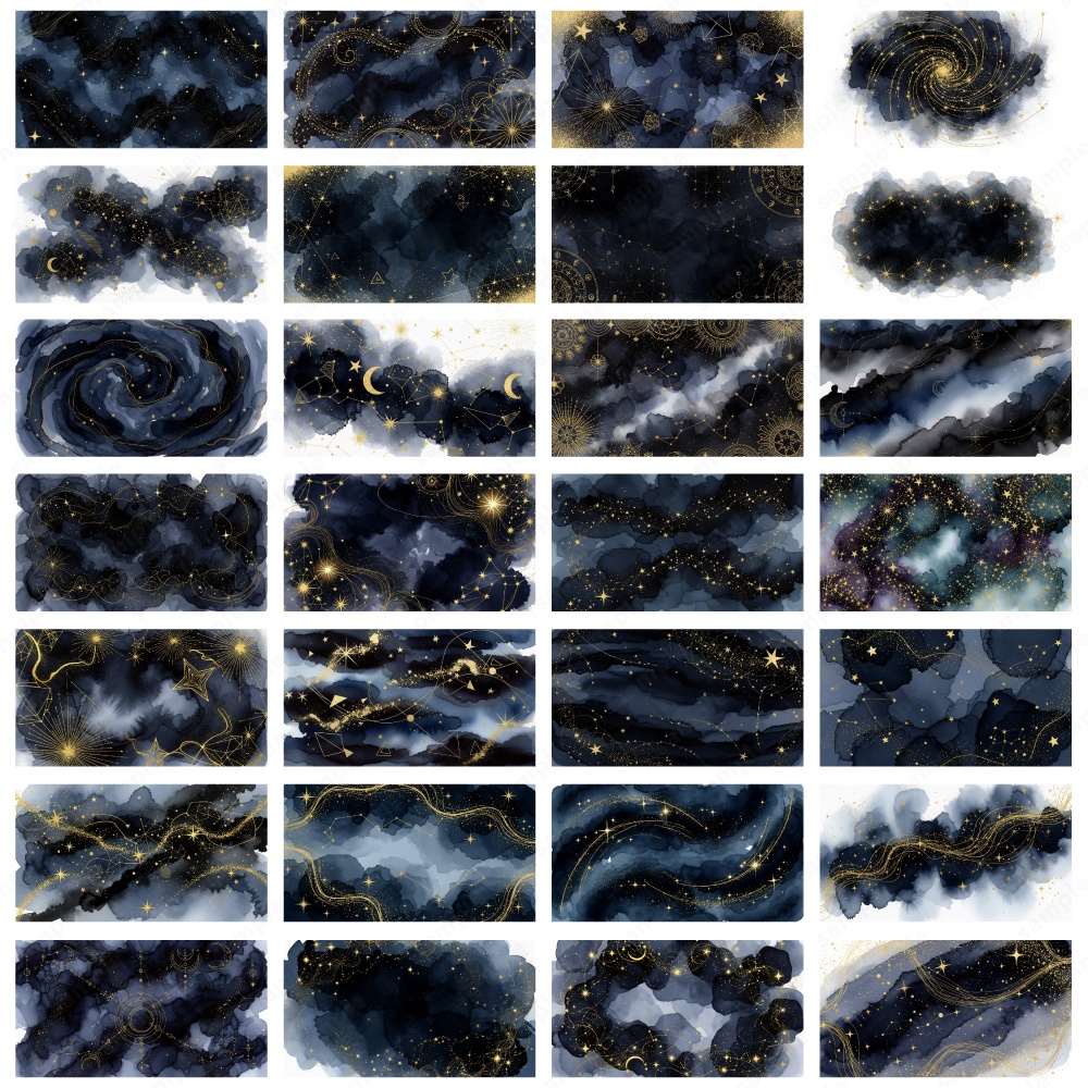 【背景素材】ダークカラーと幻想的なキラキラの水彩テクスチャ100枚セット